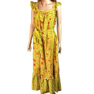 Roller Rabbit Yellow Sleeveless Maxi Dress With Ruffles & Belt Floral  XL Silk B